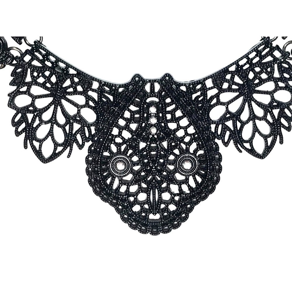 Stylized Swooping Bird Japanned Black Filagree Metal and Rhinestone Bib Necklace - Picture 3 of 5
